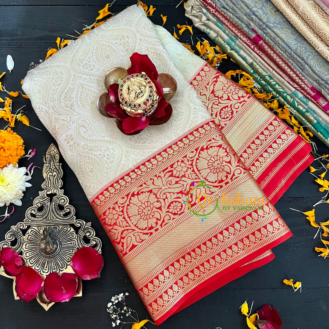 Half White with Red Kanchi Silk Saree-VS208