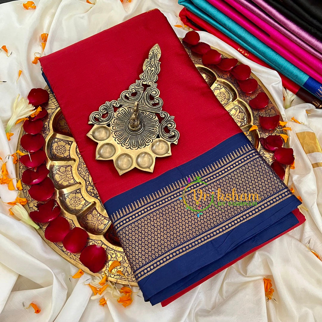Red with Blue Border Semi Soft Silk Saree-VS255