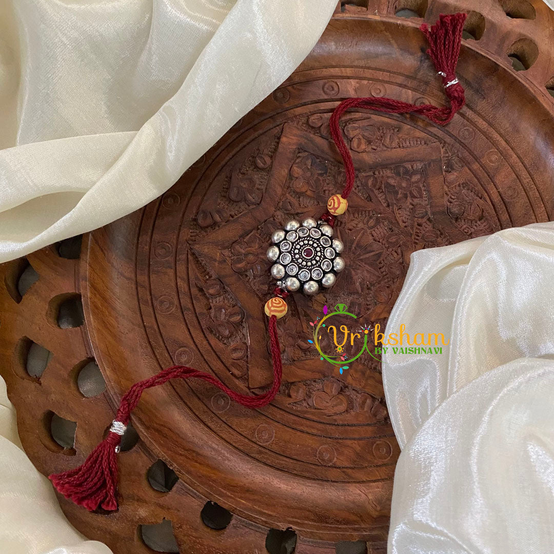 Rakshabandhan Silver Rakhi -Maroon-Round Flower-RB067