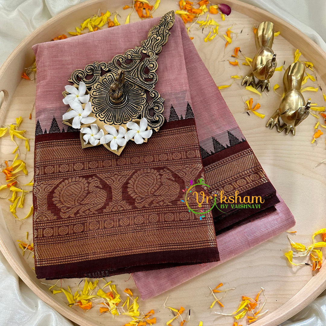 Onion Pink with Maroon Border Kanchi Cotton Saree - Handloom -VS1140