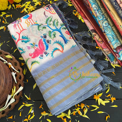 White Kalamkari Saree with Tribal Design-VS287