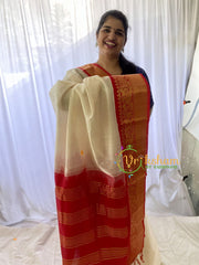 Half White Silk Cotton Saree With Dark Red Border-VS673