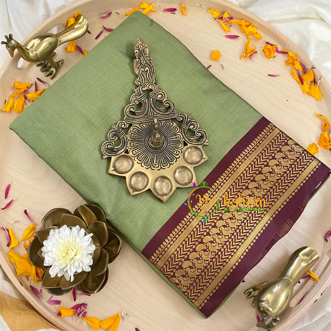 Pista Green with Maroon Litchi Silk Saree-VS384
