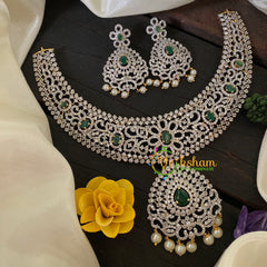 Bridal American Diamond Short Neckpiece-Green-G6903
