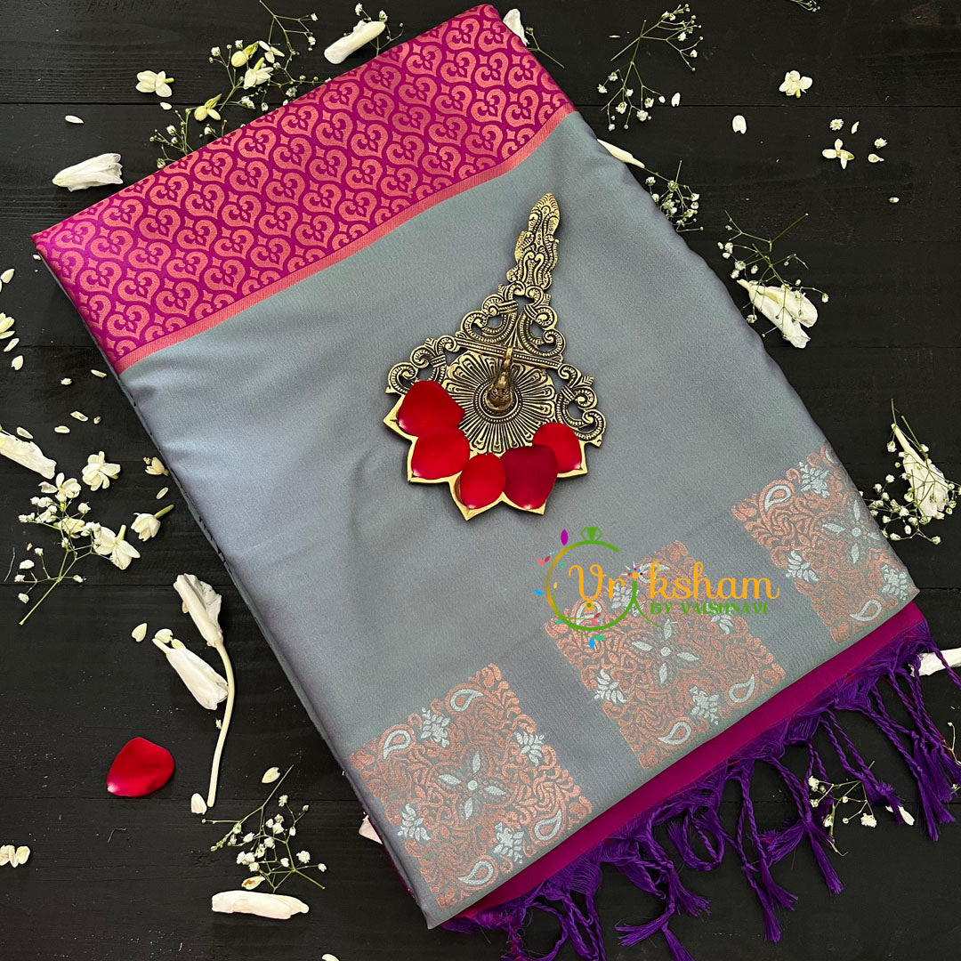Ash Grey With Pink Pallu Soft Silk Saree-VS43