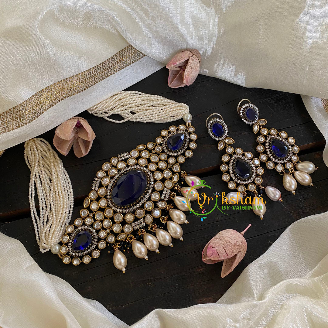 Pearl Victorian Diamond High Neck Choker-Blue-VV001