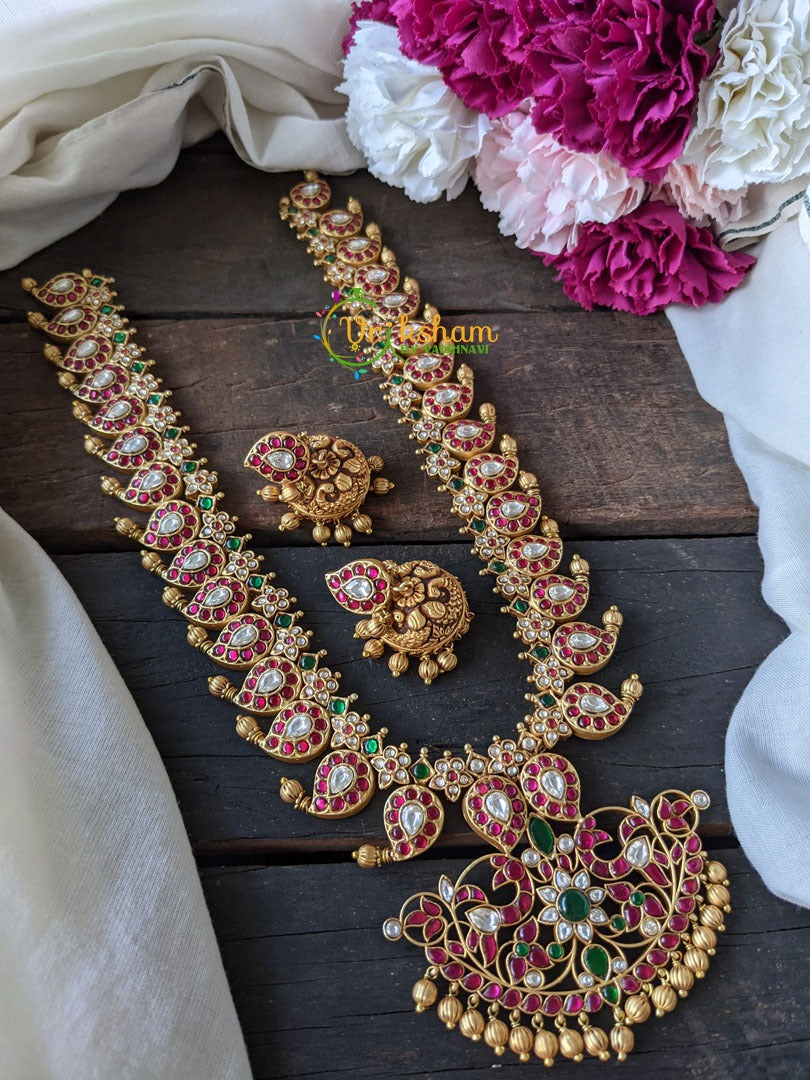 Precious Jadau Kundan Maanga Malai haram MATT FINISH – Red-Green -J040